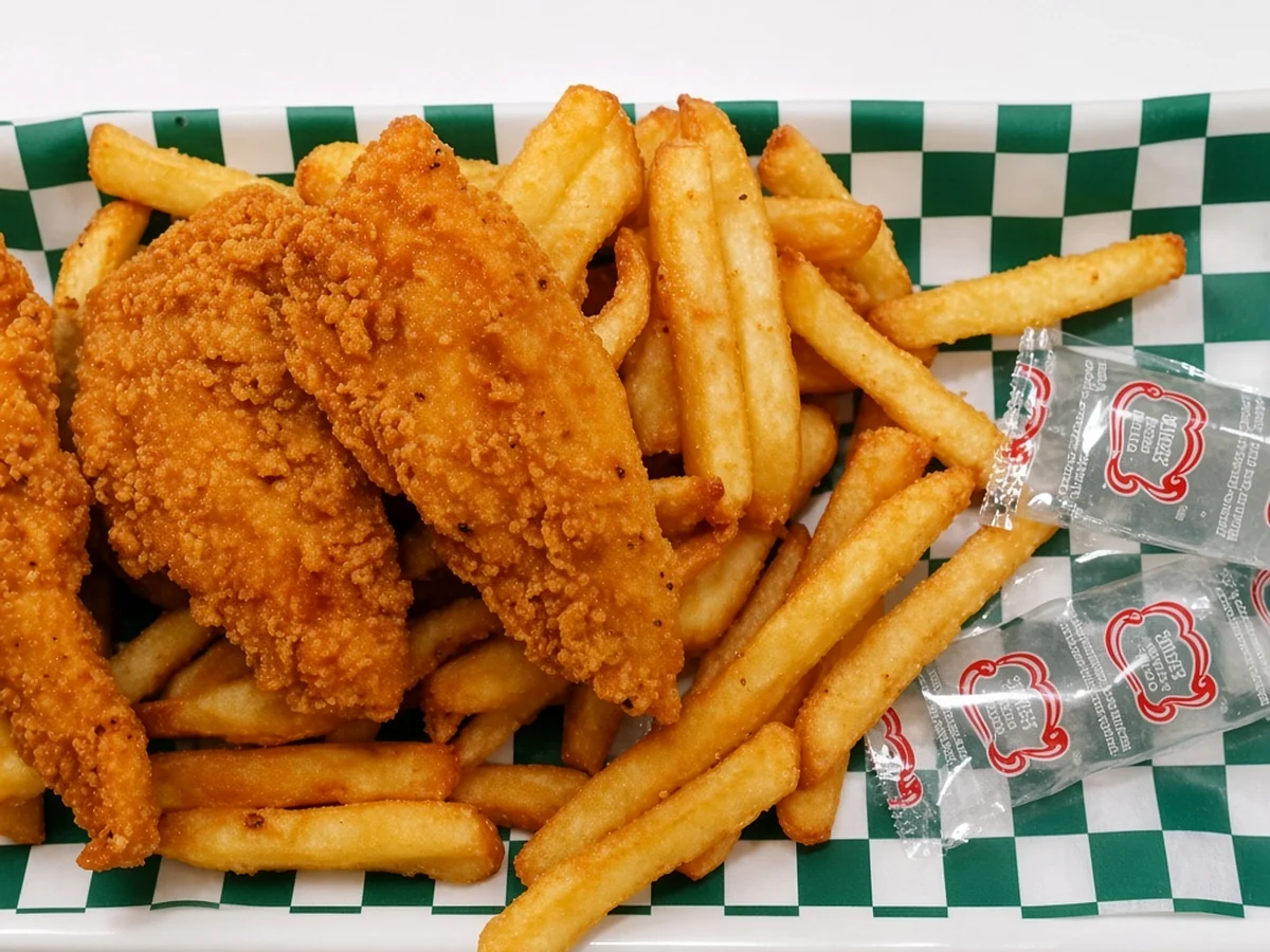 Three breaded chicken tenders with fries and dipping sauce cups on green and white checkered paper